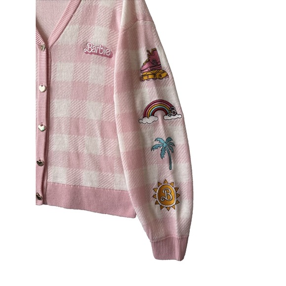 Hot Topic Barbie Pink Gingham Patch Cardigan M Preppy Retro Academia Nostalgia - Picture 4 of 8